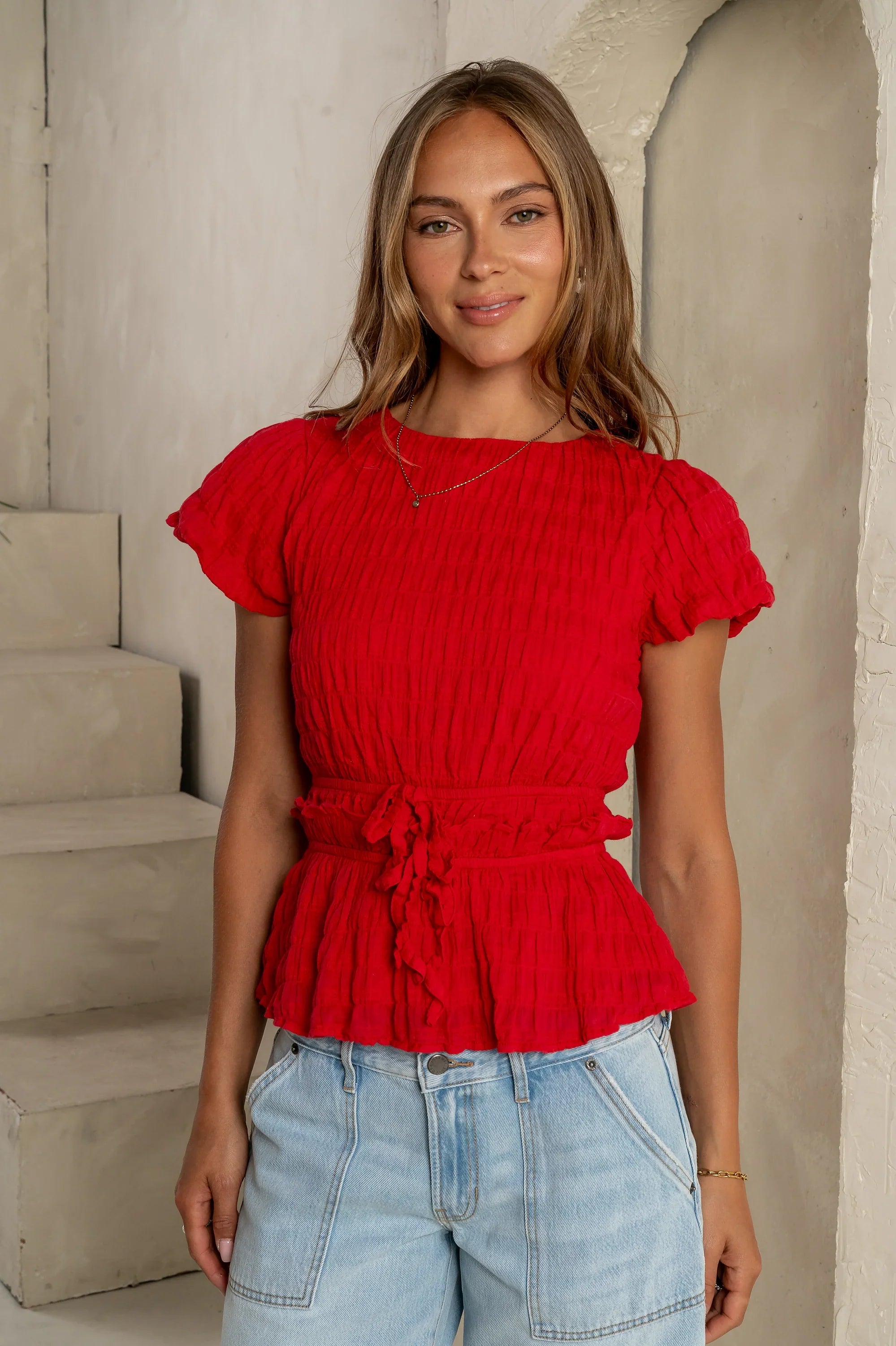 Anya Textured Blouse in Red