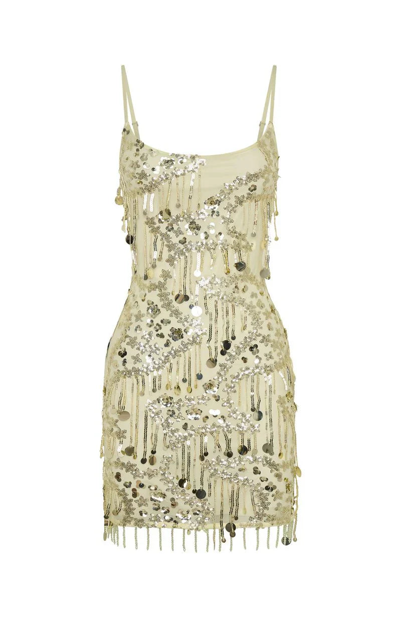 Decadent Daze Beaded Mini Dress Lemon